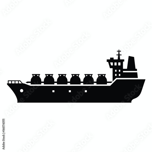 A black silhouette of a large LNG carrier ship, showcasing its multiple gas tanks and superstructure.