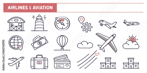 Collection of 40 minimal line icons for air travel and aviation themes