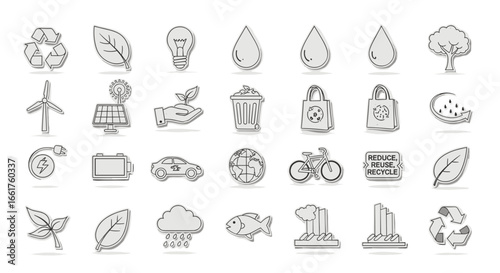 Collection of environmental and ecological icons in sketch style design
