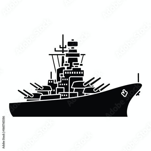 Silhouette of a battleship with multiple gun turrets and a tall command tower, isolated on a white background.