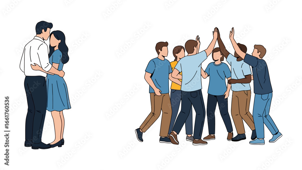 Obraz premium Shared Moments of Unity and Romance: The image captures a diverse group united in celebration and a couple embracing in a tender moment, evoking feelings of connection, affection, and teamwork. 