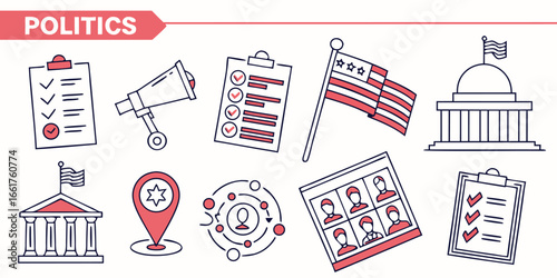 Collection of 40 minimal line icons related to politics and government