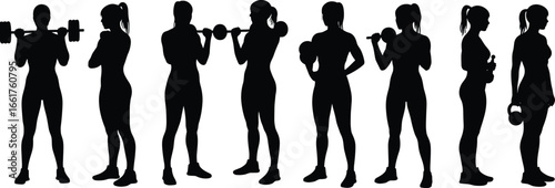 Fitness woman silhouette, female workout vector, gym training illustration, weightlifting exercise design, bodybuilding pose, athlete lifting dumbbell, strong healthy lifestyle