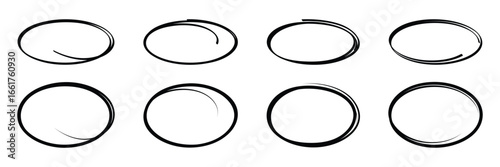 Hand drawn circle highlighter line sketch set. Vector marker circular lines, doodle round circles for message note mark design element. Pencil or pen bubble sketch set. Vector illustration