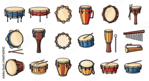 A collection of various percussion instruments including drums and bells