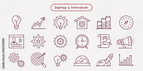 Collection of 40 minimalist line icons focused on the concept of start
