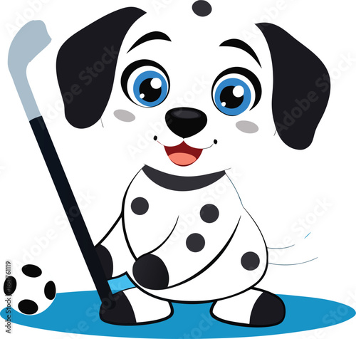 Cartoon Dalmatian Puppy Playing Field Hockey with Stick and Ball on Blue