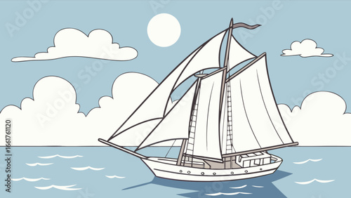 Illustration of a sailing ship sailboat on the sea with clouds and sun for nautical themes art