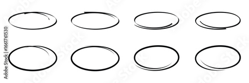Hand drawn circle highlighter line sketch set. Vector marker circular lines, doodle round circles for message note mark design element. Pencil or pen bubble sketch set. Vector illustration