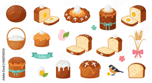 Illustration of easter cakes, egg and basket with folar banner design