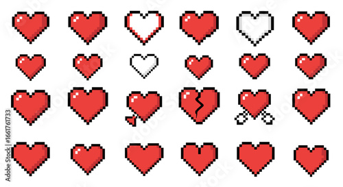 Collection of pixelated hearts in various states of fullness and repair