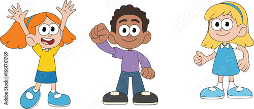 Cartoon kids illustration including happy red-haired girl, smiling boy, and blonde girl character for education, diversity, children’s media, and design