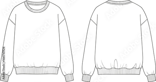 Blank white crewneck sweatshirt template, front and back view, fashion design mockup, unisex apparel, clothing flat sketch illustration