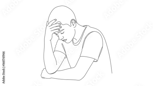 Melancholy Embodied: A minimalist line drawing poignantly depicts a person lost in thought, their posture radiating vulnerability and contemplation.
