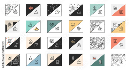 Collection of split square illustrations featuring various line drawings