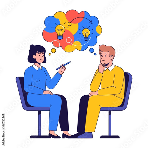 Collaborative minds:  illustration of two individuals, a counselor and client, engaged in a collaborative dialogue. Light bulb symbols float above, representing new ideas.