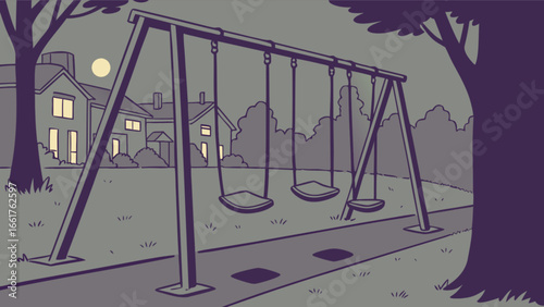 Illustration of a playground with swings at night under the moonlight with houses in the background