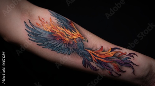 Close-up of a vibrant phoenix tattoo on a forearm.