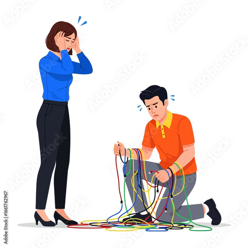 Cable Chaos: A chaotic scene depicts a man entangled in a network of colorful cables, reflecting the stress and overwhelm of a tangled technology issue, while the other person shows concern.