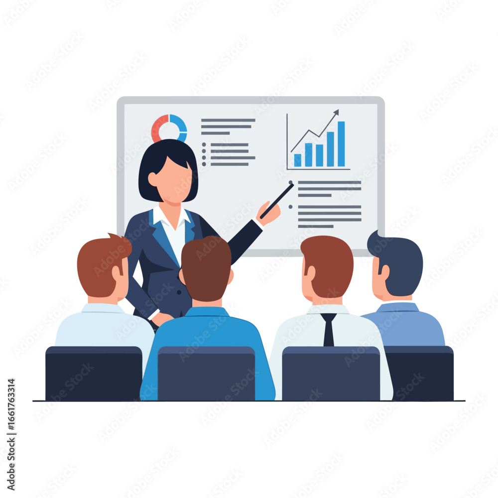 Fototapeta premium Business Presentation in Action: An illustration capturing a focused business meeting, where a presenter uses a whiteboard to deliver a financial presentation to a captivated audience.