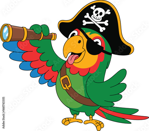 Cartoon pirate parrot with telescope, funny tropical bird mascot in pirate hat and eyepatch, colorful adventure animal illustration for kids, party, and fantasy designsCartoon pirate parrot 