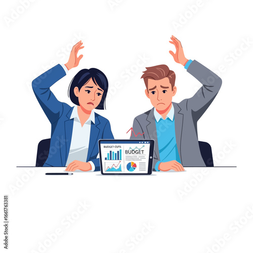 Financial Distress: Two despondent individuals, a man and a woman, are visibly stressed as they review the discouraging financial performance displayed on a digital tablet.