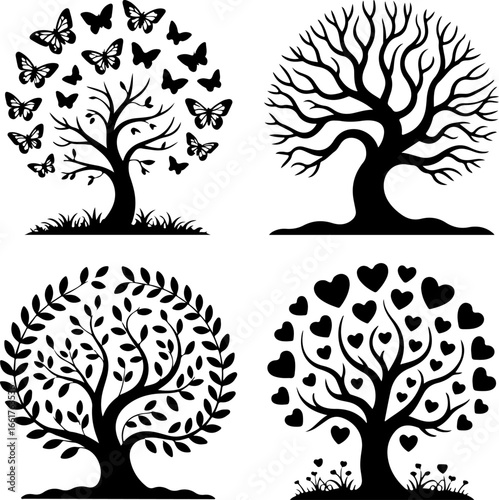 A set of four artistic black silhouette trees, each with a unique thematic canopy