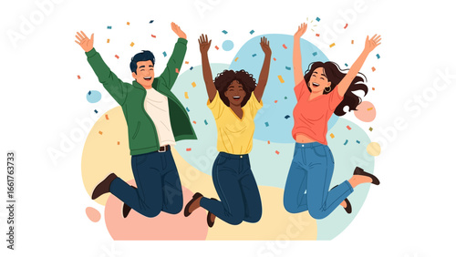 Joyful Ascent: Three figures of diverse backgrounds leap with glee, embodying collective happiness as confetti rains around them, capturing a moment of unity and celebration.