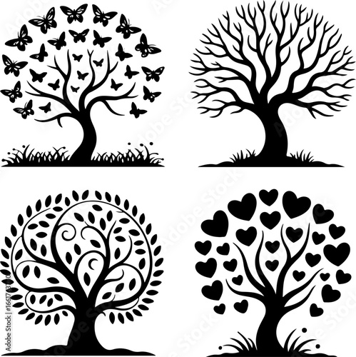 A set of four artistic black silhouette trees, each with a unique thematic canopy