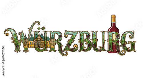 Wrzburg Text with Germany, Wine, and Landmark.