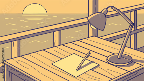 Illustration of workspace with desk lamp, paper, and pen overlooking ocean at sunset scene drawing