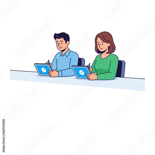 Digital Creators at Work: A pair of digital artists, absorbed in their creative process, illustrate concepts using advanced digital tablets.