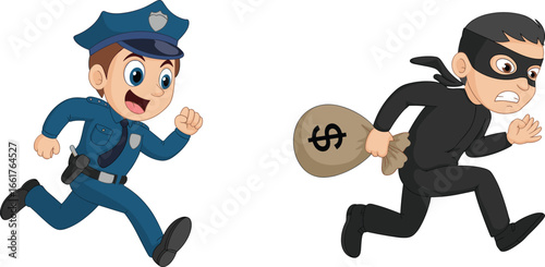 Cartoon police officer running and chasing thief with money bag, funny crime prevention illustration of cop and burglar character for kids, education, and games