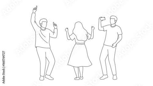 Dancing Together: A monochrome line art of friends, lost in the rhythm and joy of movement, as they dance together, capturing the carefree spirit and shared experience.