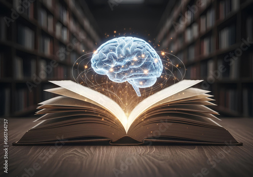 AI Brain Knowledge, Mind Power and Learning. Futuristic Technology Concept of an AI Brain Learning from a Book. The Future of Knowledge, Education and Intelligence from a Book.