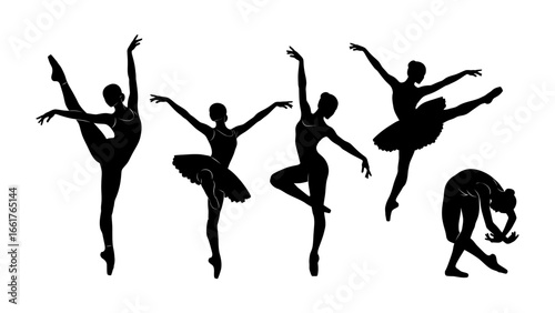 Graceful Silhouette: A collection of elegant black silhouettes of ballerinas in mid-performance, depicting the fluid artistry of dance.
