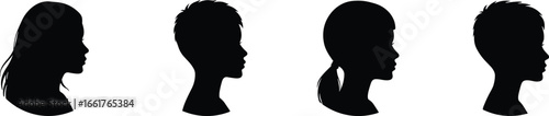 Human profile silhouette, male and female head vector, side view face illustration, hairstyle design, people portrait outline, avatar icon, black