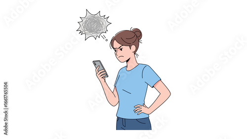 Mobile Phone Frustration: A woman experiences technological annoyance as she stares intensely at her mobile device, the illustration captures a moment of digital displeasure.
