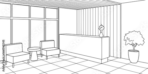 Reception in the office room graphic black white interior sketch illustration vector 