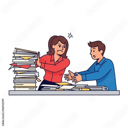 Conflict at Desk: A dynamic illustration captures a moment of workplace friction as a female figure assertively shields documents from a male colleague.