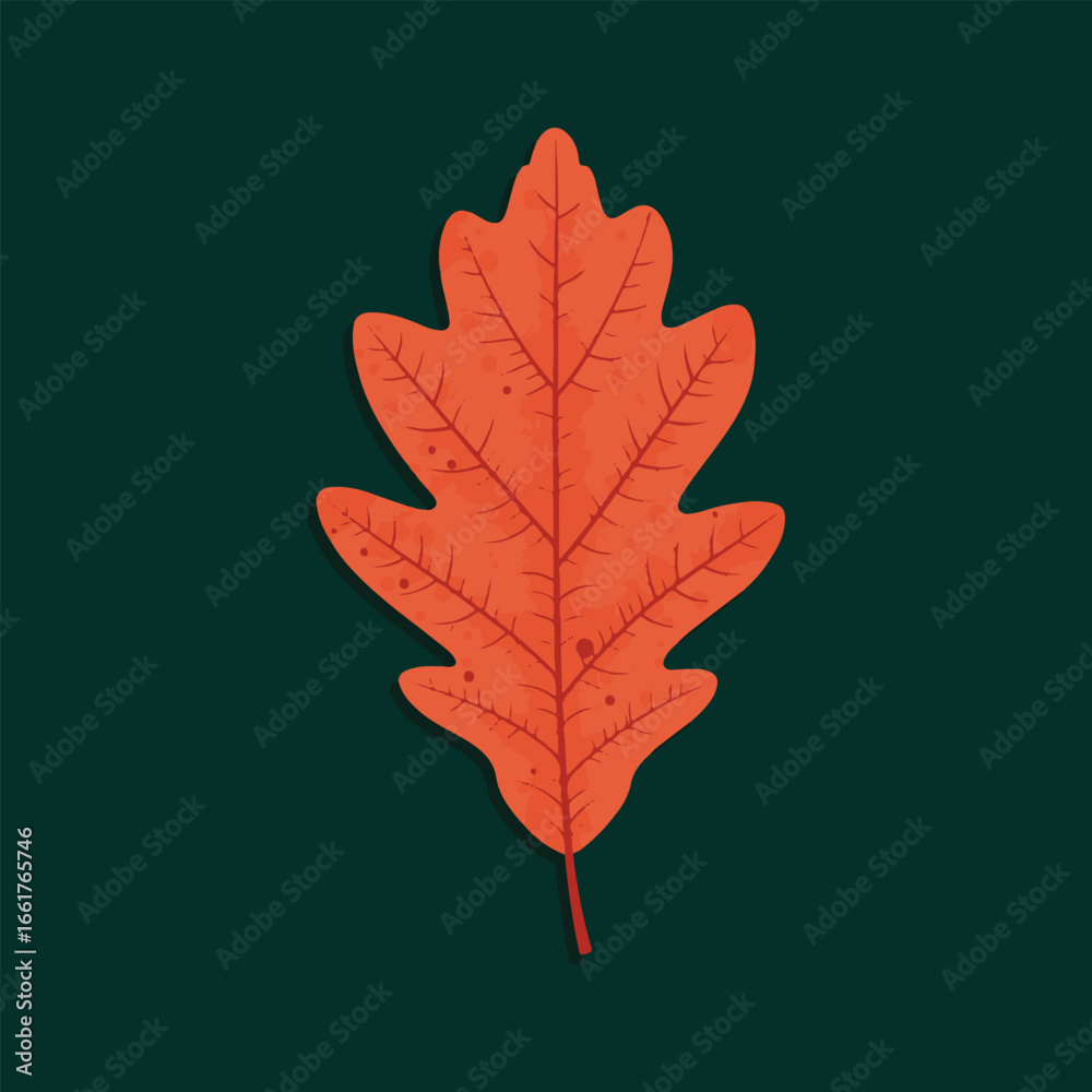 Obraz premium A vibrant orange oak leaf showcases detailed veins against a dark green background