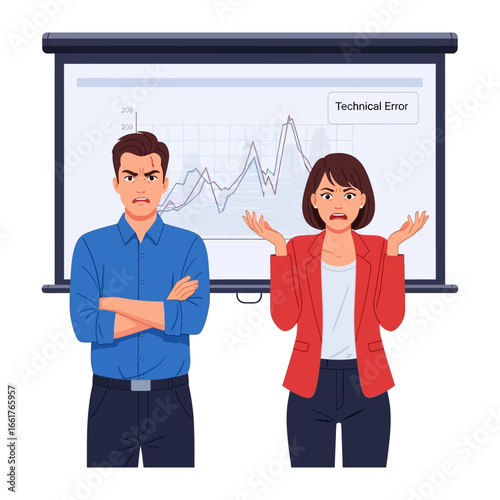Frustration in Presentation: Two individuals stand perplexed, a business presentation graph depicting a significant downturn with a Technical Error notice, conveying frustration.