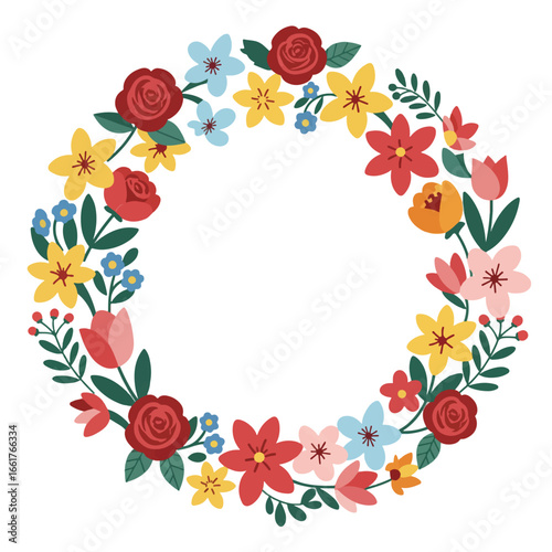A colorful floral wreath with roses, tulips, and other flowers and foliage.