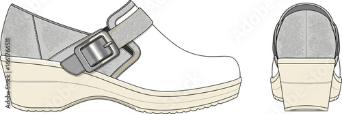 Comfortable women's orthopedic wedge shoe with buckle, stylish design, medical footwear concept, leather texture, side and back view illustration