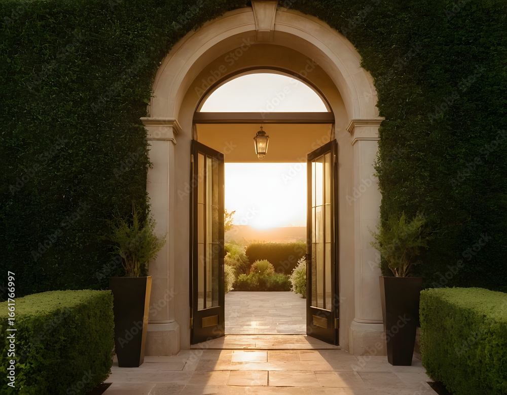 Fototapeta premium Grand arched doorway of a luxurious home, surrounded by elegant hedges and golden hour light. Elegant Archway Entrance with Garden View at Sunset. Classic Doorway Opening to a Beautiful Green Garden.