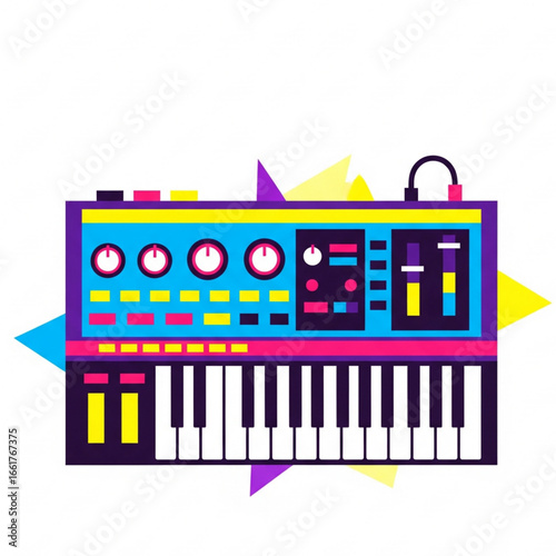Synthesizer keyboard emitting vibrant colors in retro style against white backdrop, evoking nostalgia and creative expression.