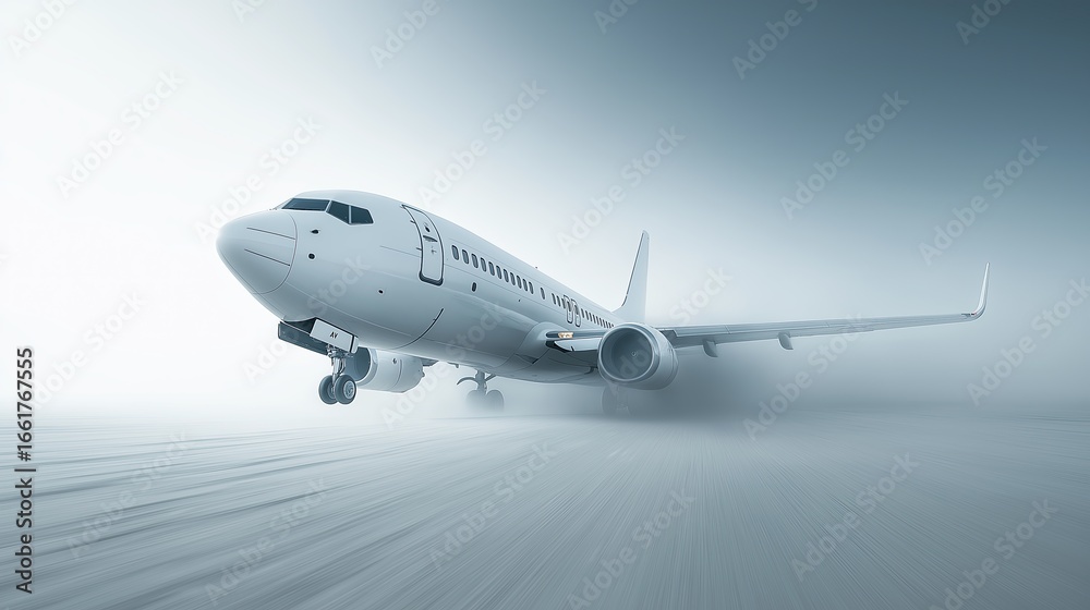 Obraz premium Commercial jet airplane taking off from airport runway in foggy weather
