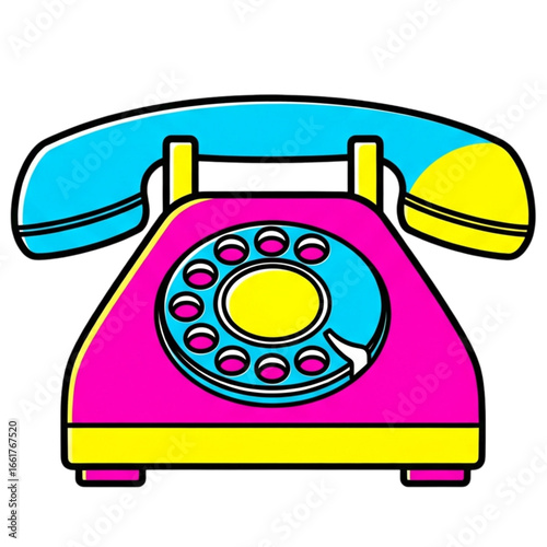 Retro rotary phone in vibrant colors sitting on a white surface, reminiscent of the 1980s with a playful and nostalgic vibe.