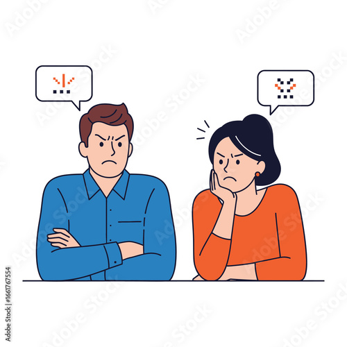 Conflict and Discord: A couple, locked in disagreement, faces each other with expressions of anger, their thoughts visually represented, illustrating the tense atmosphere of a communication breakdown.
