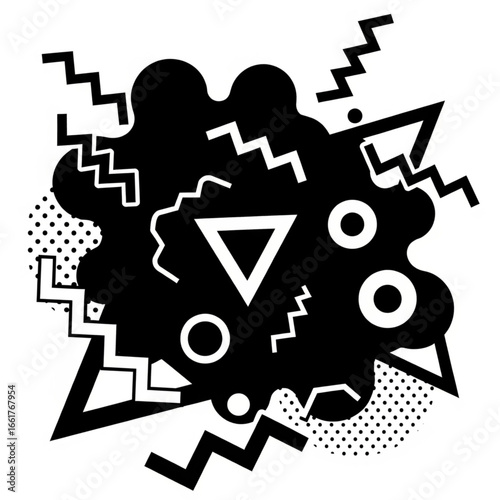 Abstract shapes collide in a dynamic composition, creating a bold and modern aesthetic with geometric forms and contrasting textures, evoking a sense of energy and movement.